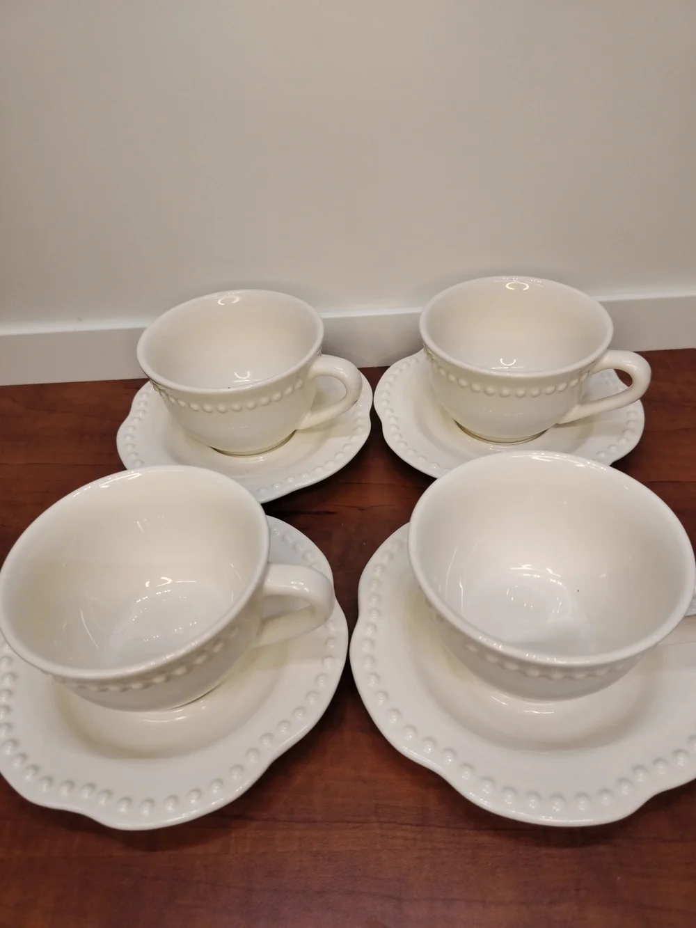 Pottery Barn Emma Beaded Collection White Stoneware Teacup and Saucer. Set Of 4